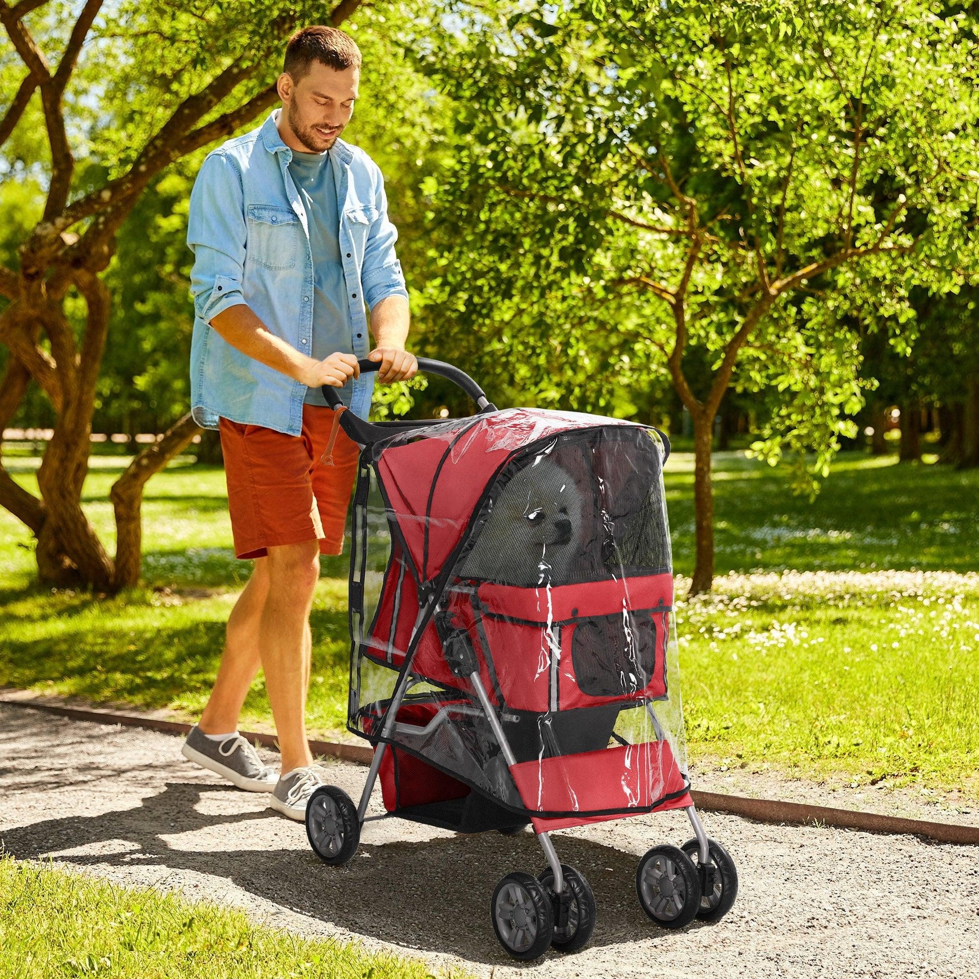 PawHut Mini Dog Stroller with Rain Cover, Folding Pet Pram - Red - ALL4U RETAILER LTD