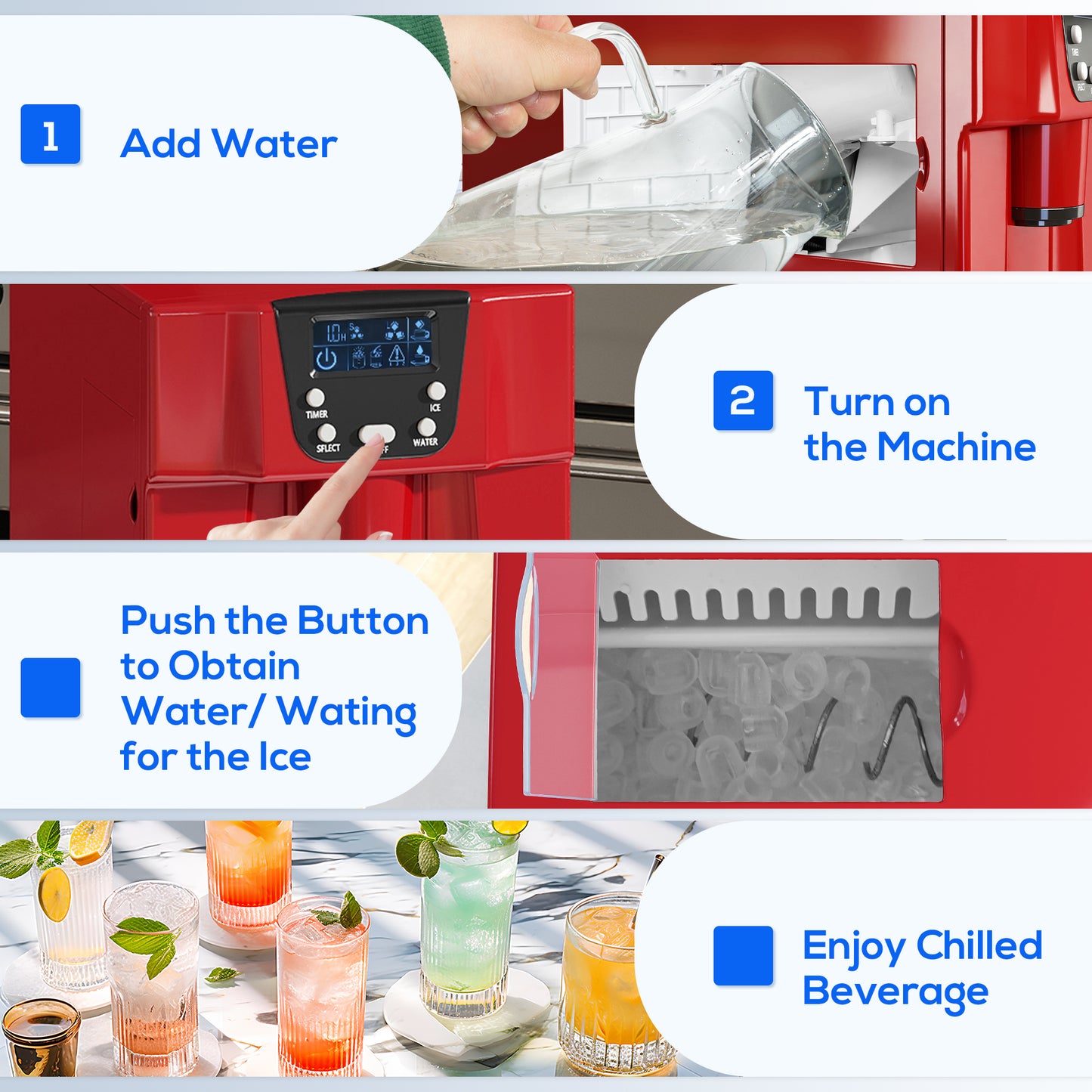 HOMCOM 3L Ice Maker and Water Dispenser Red, Produces 12kg Ice in 24 Hours, Cube Sizes, 9 Cubes Ready in 6-10 Minutes