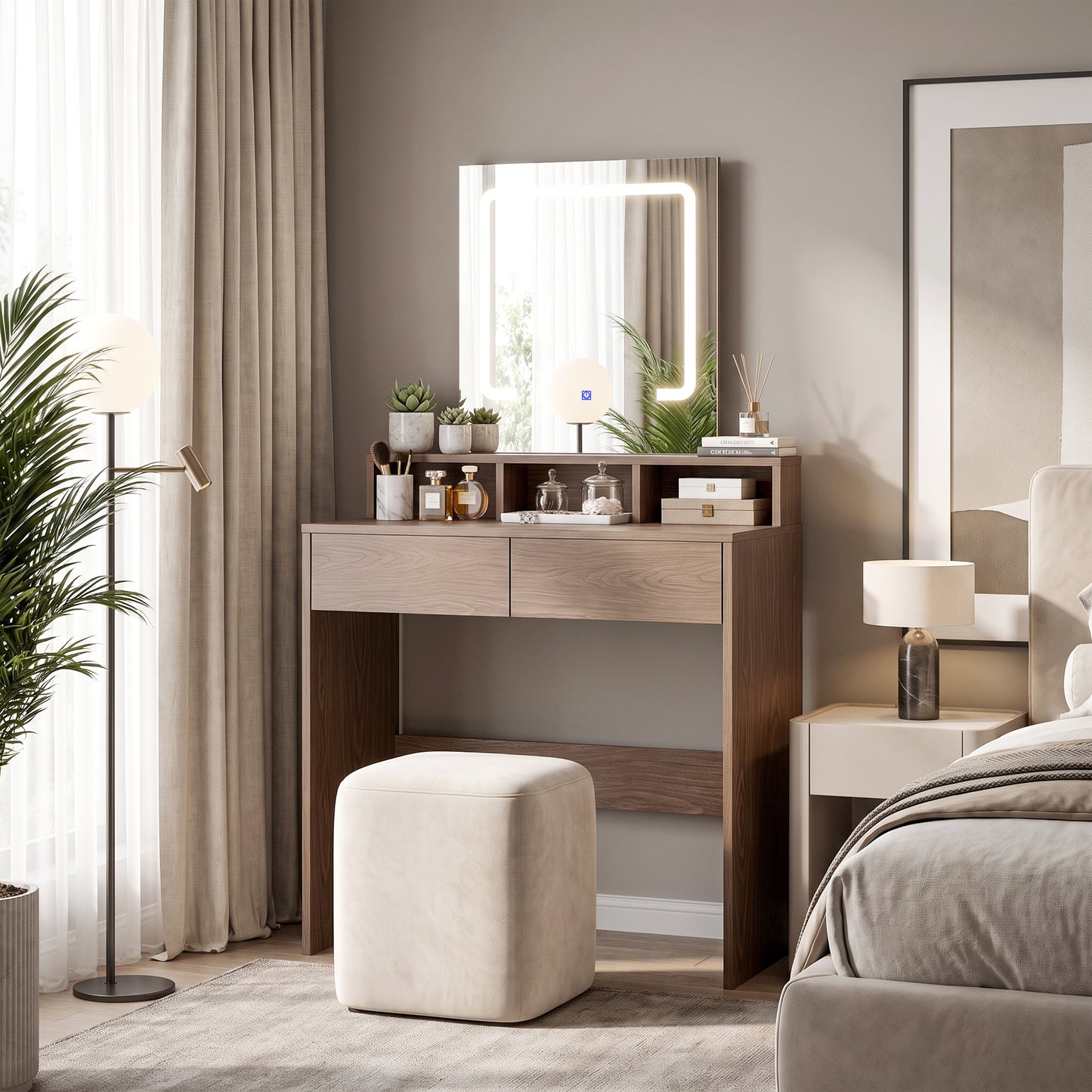 Homcom Walnut Vanity Table With LED Mirror And Two Drawers