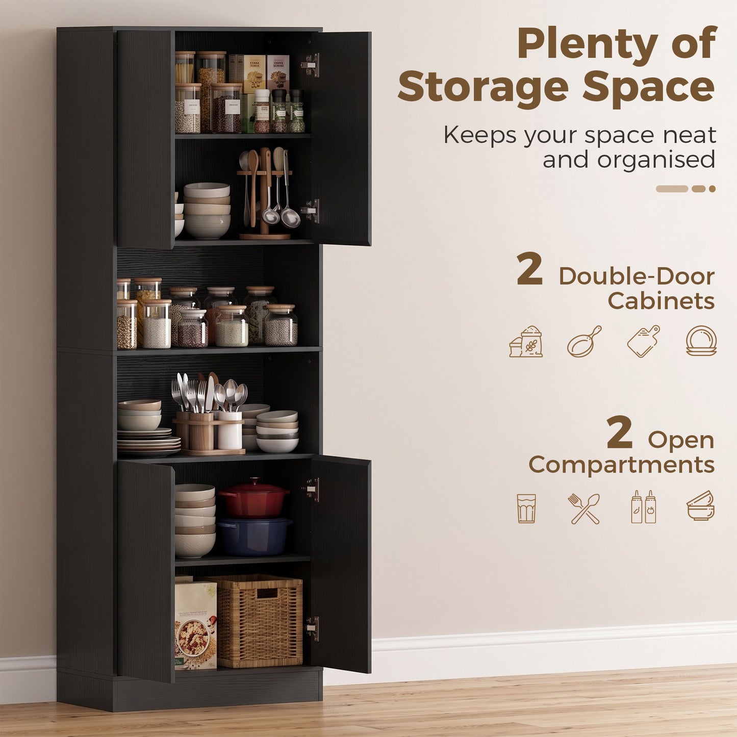 HOMCOM 170 cm Kitchen Pantry Cabinet Freestanding Storage Cabinet With Soft Close Hinges Black Wood Effect
