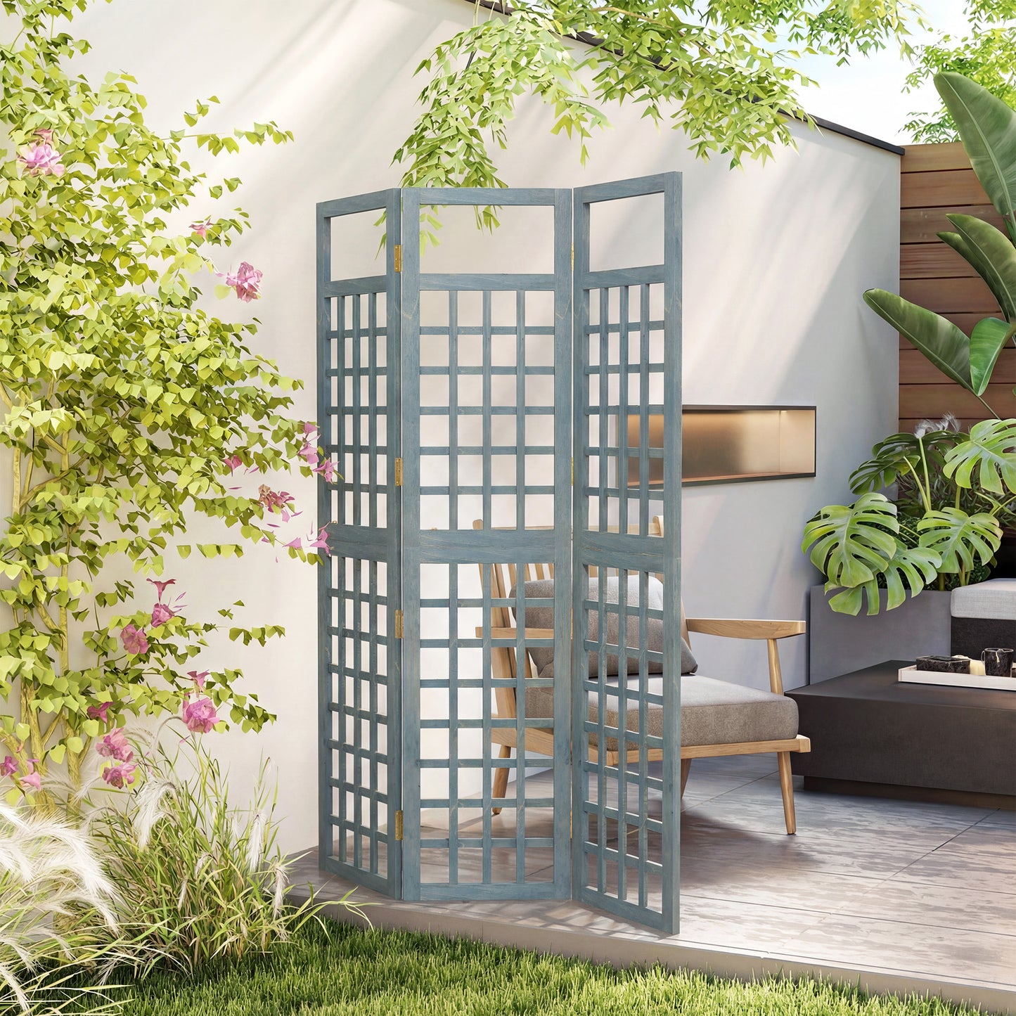 Outsunny 3 Panel Garden Privacy Screen Freestanding Foldable Wooden Outdoor Divider Trellis Grey