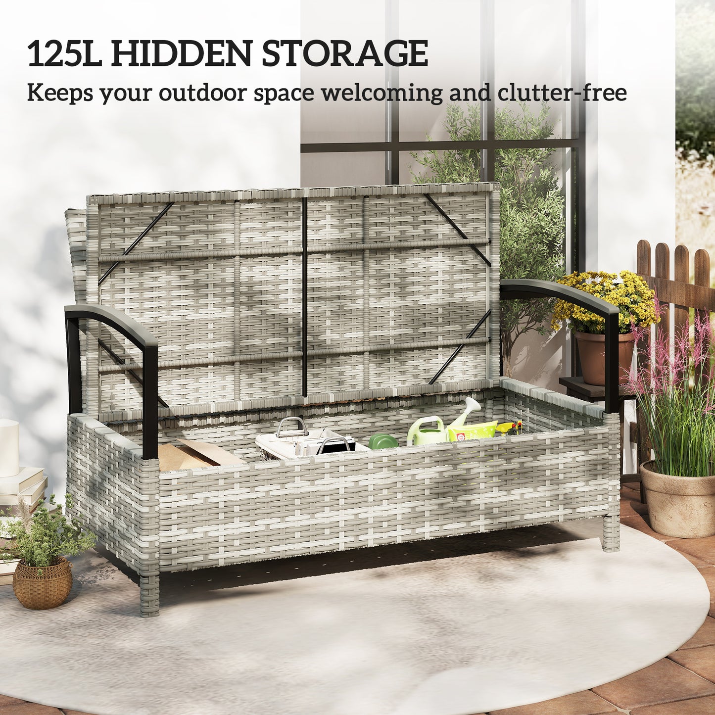 Outsunny 125L Garden Storage Bench 2 Seater PE Rattan Outdoor Storage Box With Padded Cushion Dark Grey