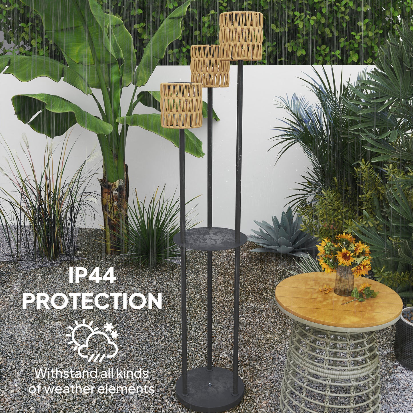 Outsunny Boho Rattan Floor Lamp With Shelf 3 Lights Solar Outdoor Garden Lamp Auto On Off IP44 Waterproof Yellow