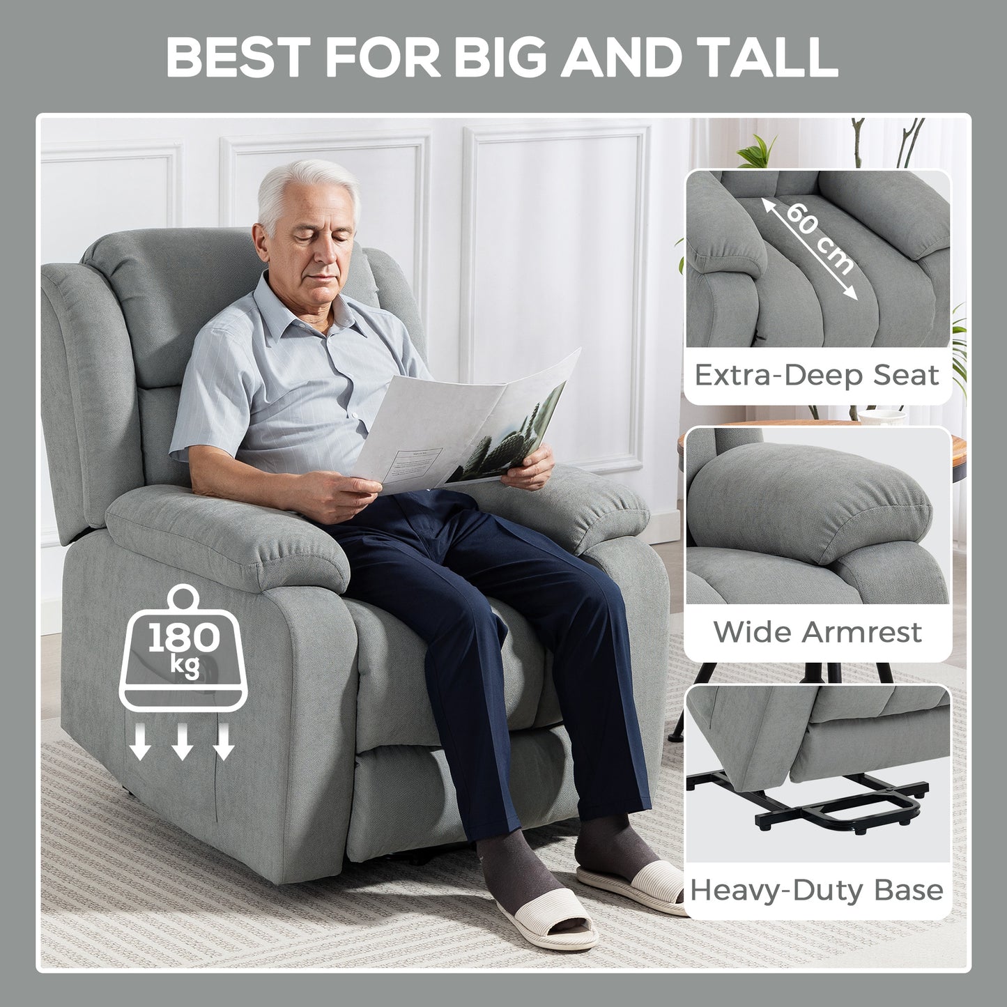 HOMCOM Eight Point Massage Electric Lift Chair Recliner With Remote Control 135 Degree Back Recline Light Grey