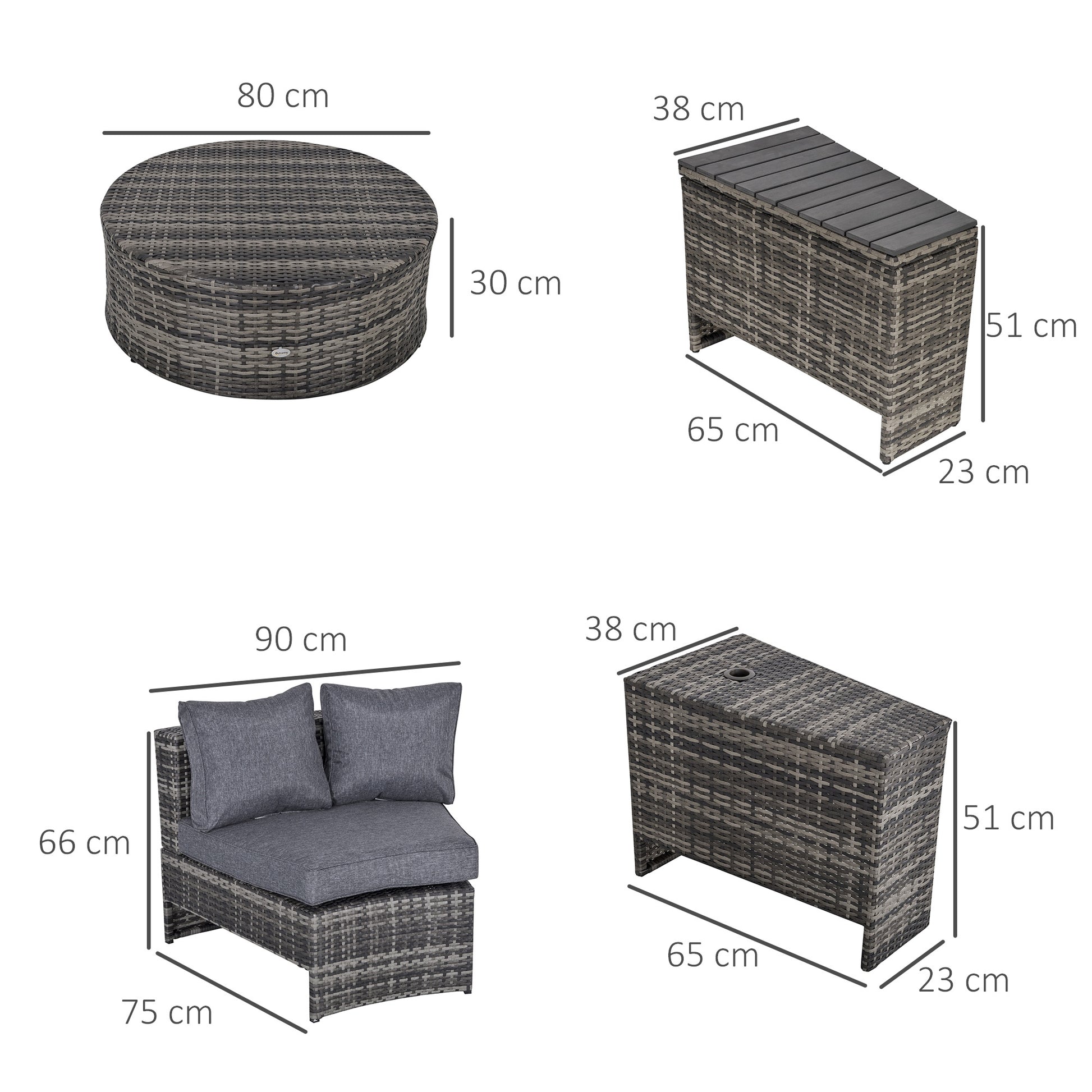 Outsunny Grey 4-Piece Semi-Circular Outdoor Wicker Sofa Set with Storage Tables and Umbrella Hole - ALL4U RETAILER LTD