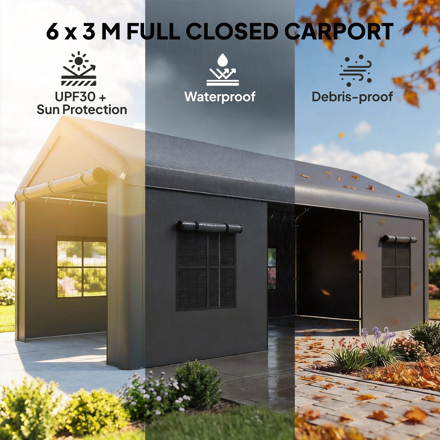 Outsunny 3 x 6 m Heavy Duty Carport Portable Garage Car Canopy Tent with Galvanised Frame Doors Windows Dark Grey