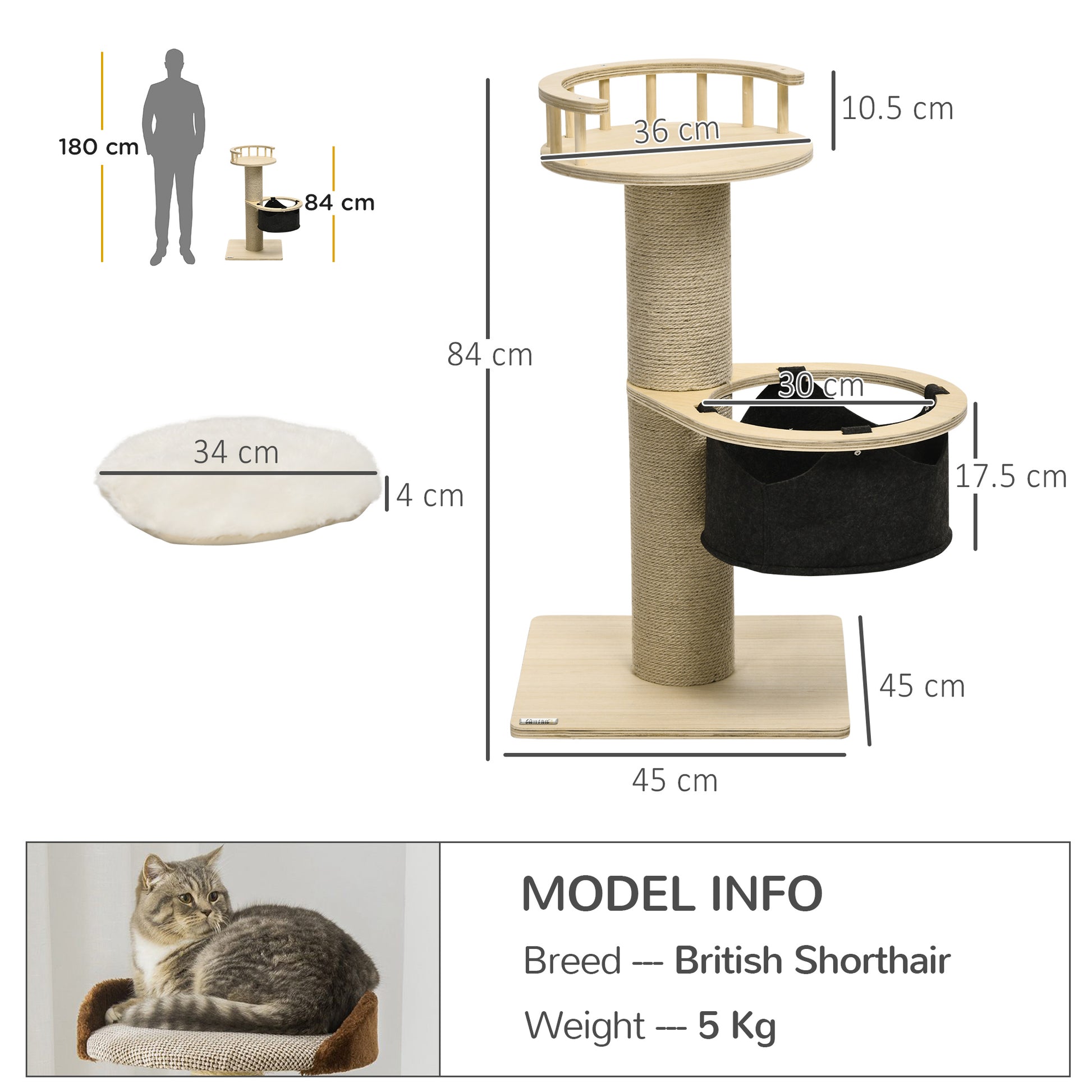 PawHut 84cm Cat Tower with Hammock, Jute Scratching Post, and Cozy Bed for Active Kitties - ALL4U RETAILER LTD