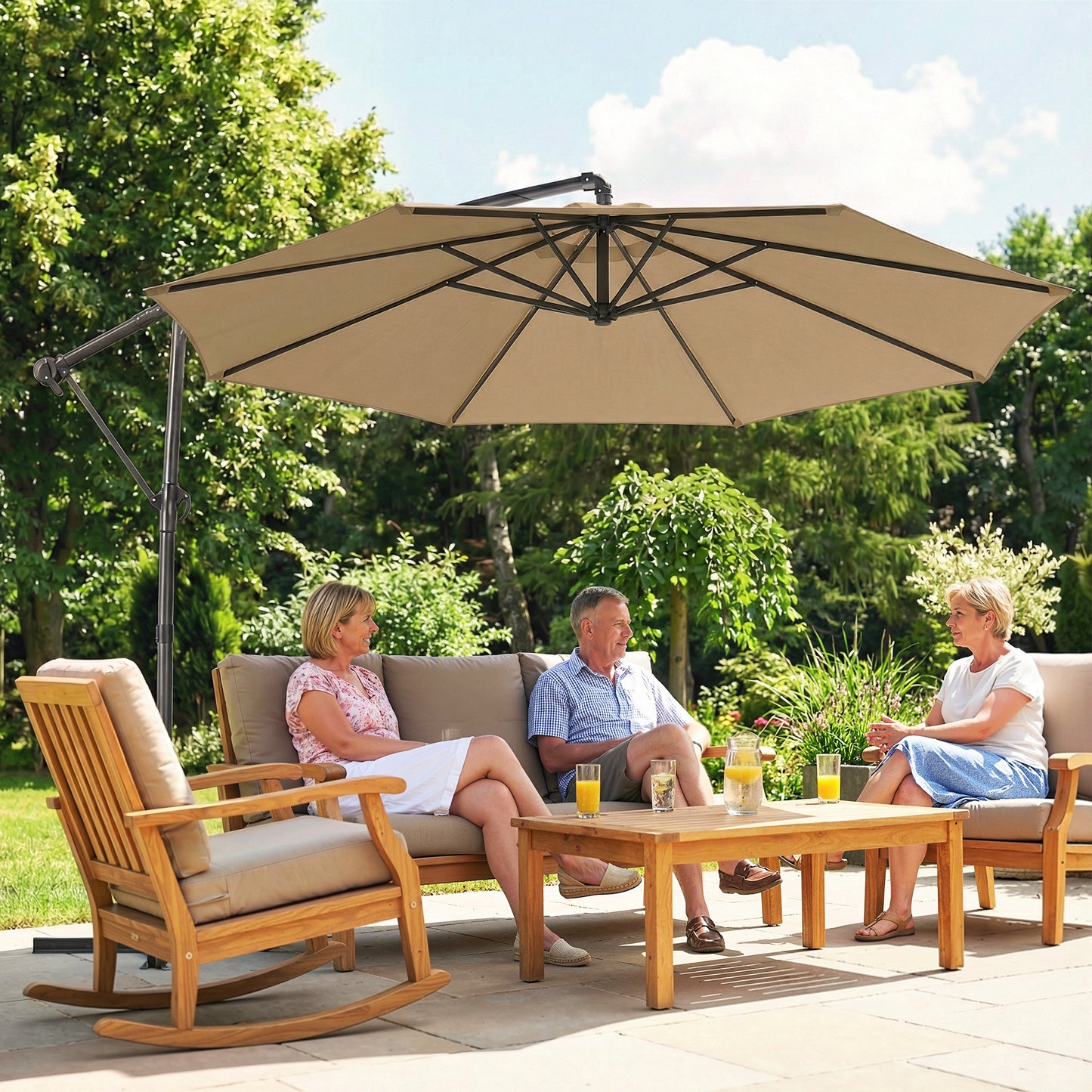 Outsunny 3 m Cantilever Garden Parasol With Cover Base 360 Degree Rotation Tilt Khaki Umbrella