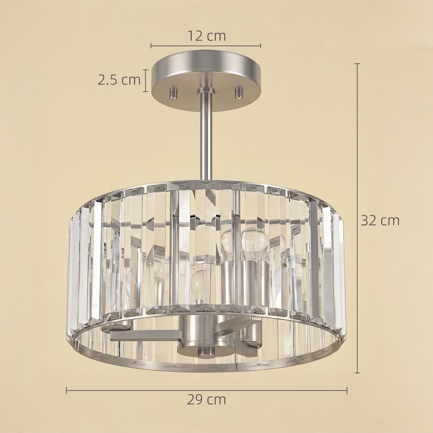 HOMCOM Semi Flush Mount Modern Crystal Chandelier Ceiling Light With E14 Base Silver Tone