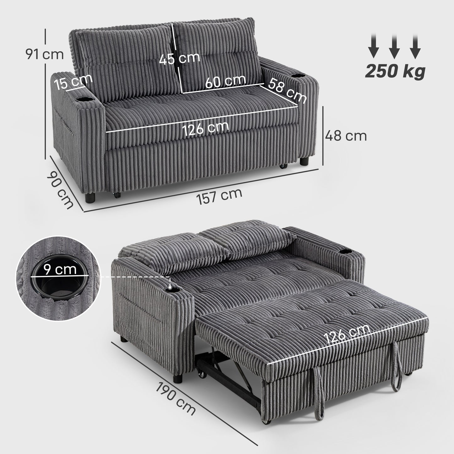 HOMCOM 2 Seater Click Clack Sofa Bed With Pull Out Design In Corduroy Upholstery Charcoal Grey