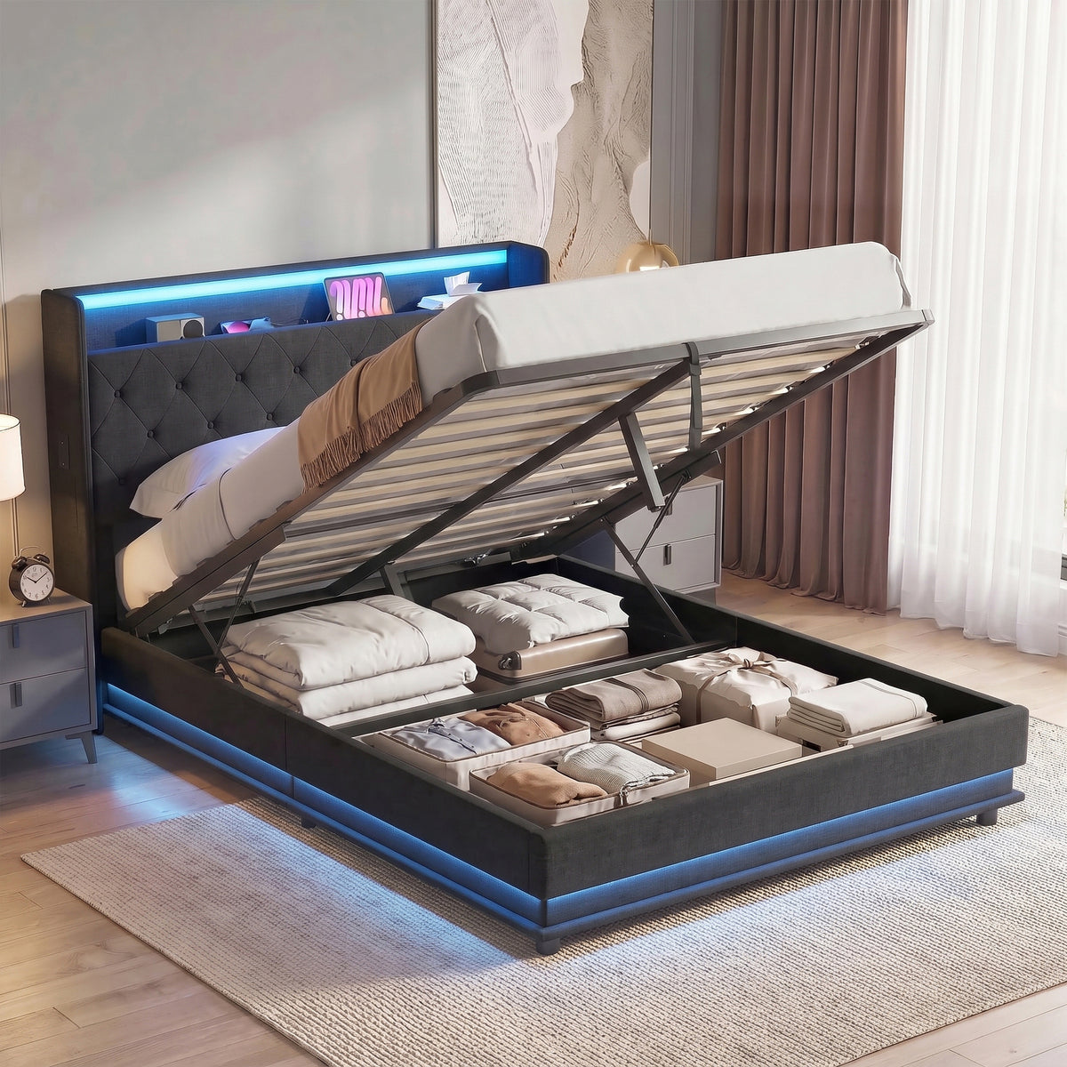 Homcom Double Bed Frame With Hydraulic Storage Led Lights Usb Charging Black