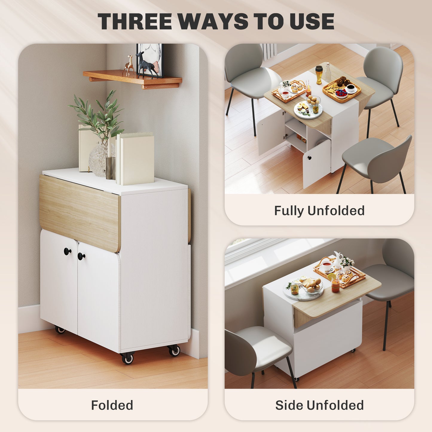 HOMCOM Folding Dining Table With Rolling Drop Leaf Hidden Shelf And Cabinet For Small Spaces White