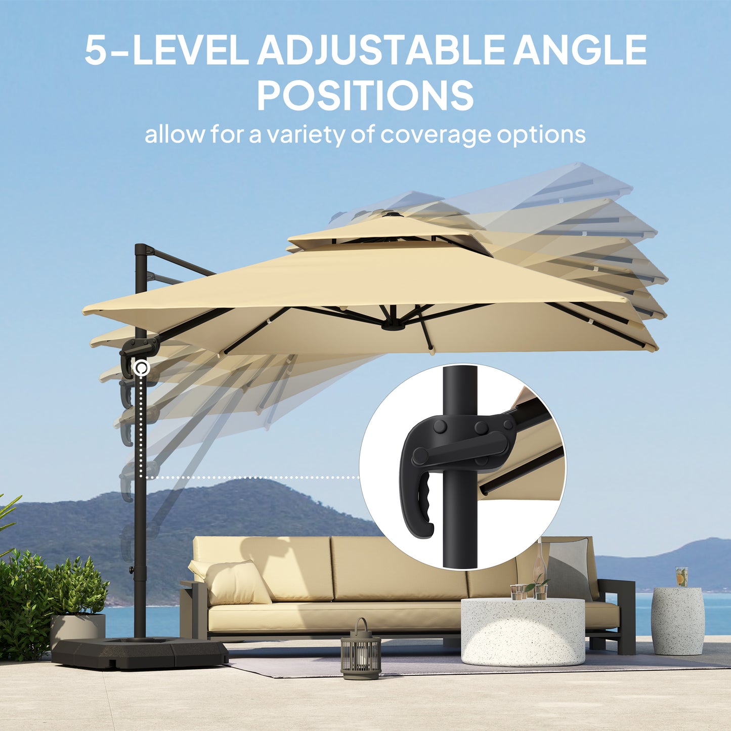 Outsunny 2.7m Cantilever Parasol Aluminium Frame Crank Tilt 360 Rotation Garden Umbrella With Base And Cover Khaki