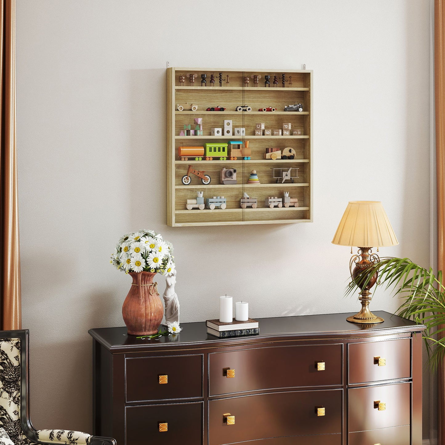 HOMCOM Six Shelf Display Cabinet With Glass Doors Oak Finish For Living Room