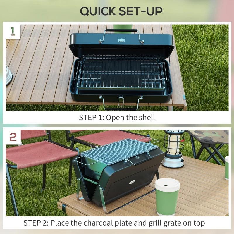 Outsunny Foldable Mini Charcoal BBQ Grill - Suitcase Design, Portable and Compact - Ideal for Picnics and Outdoor Cooking, Black - ALL4U RETAILER LTD