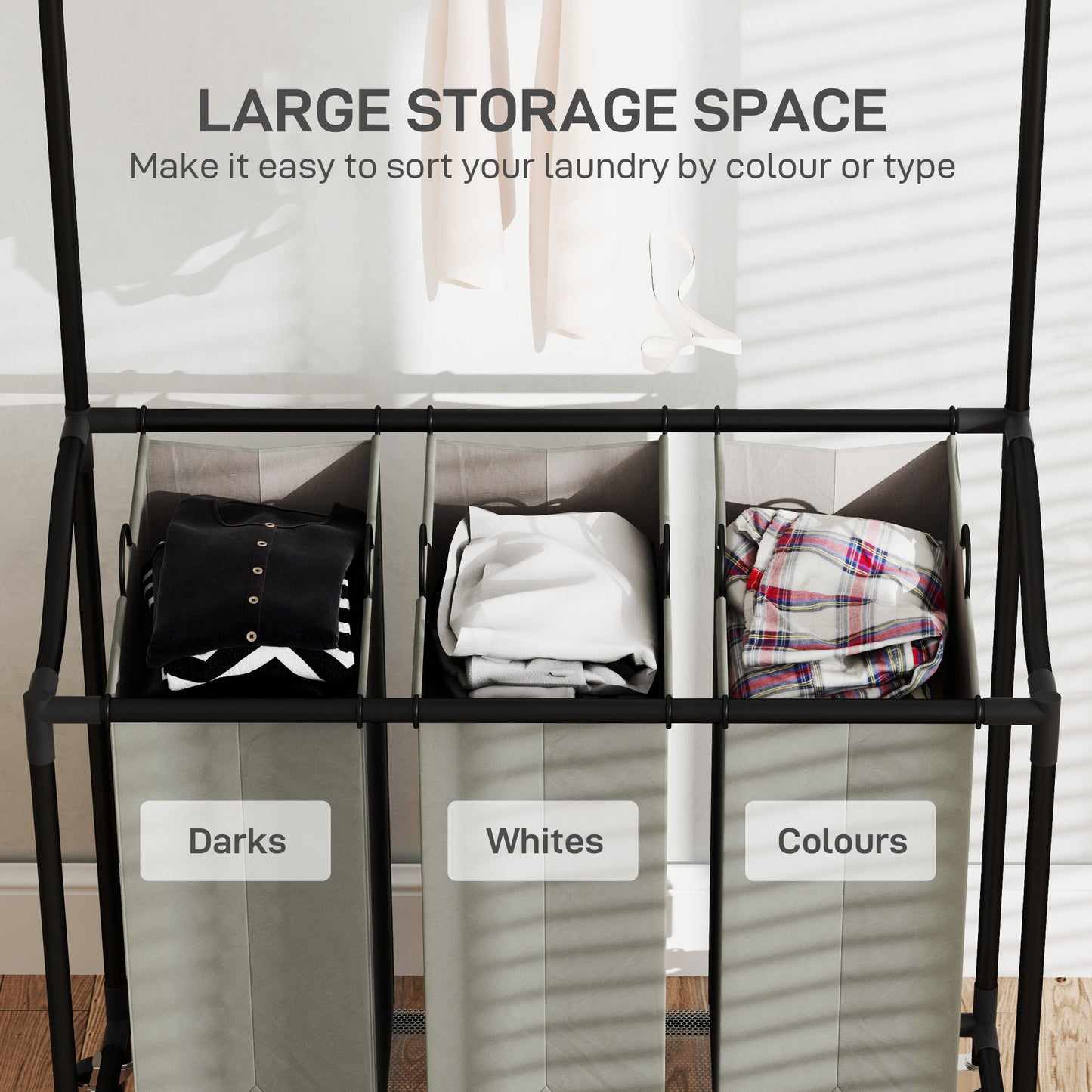 HOMCOM 3x 42L Laundry Basket Unit With Hanging Rail On Wheels Black And Grey With Four Wheels And Brakes