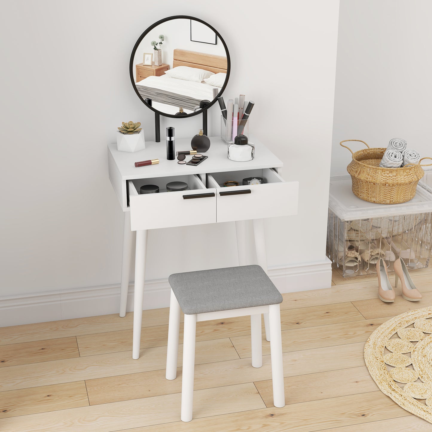 HOMCOM Modern Dressing Table With Round Mirror And Stool, Makeup Vanity With 2 Drawers In White, 60 x 40 x 123 Cm
