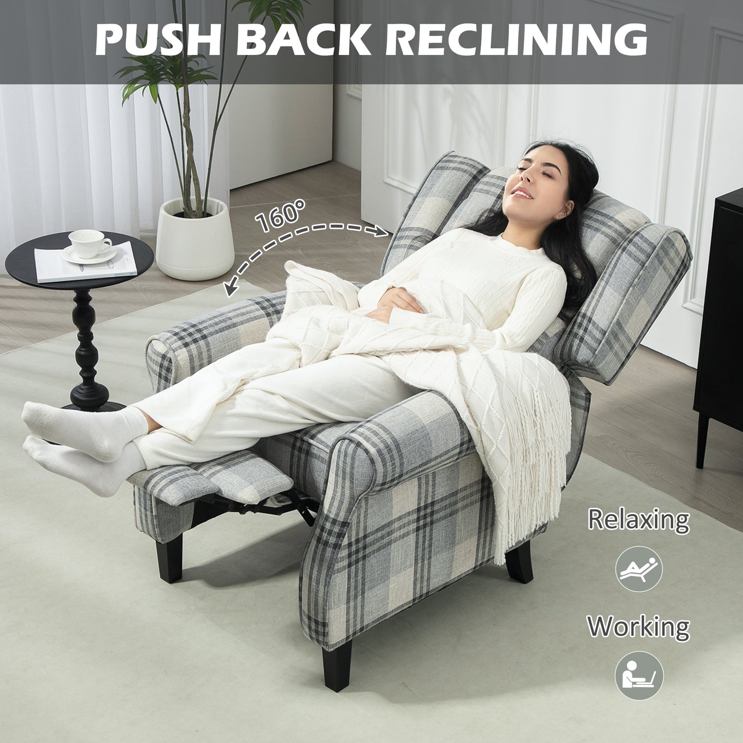 HOMCOM 160 Degree Reclining Armchair With Footrest Grey Checked Linen Feel Upholstery