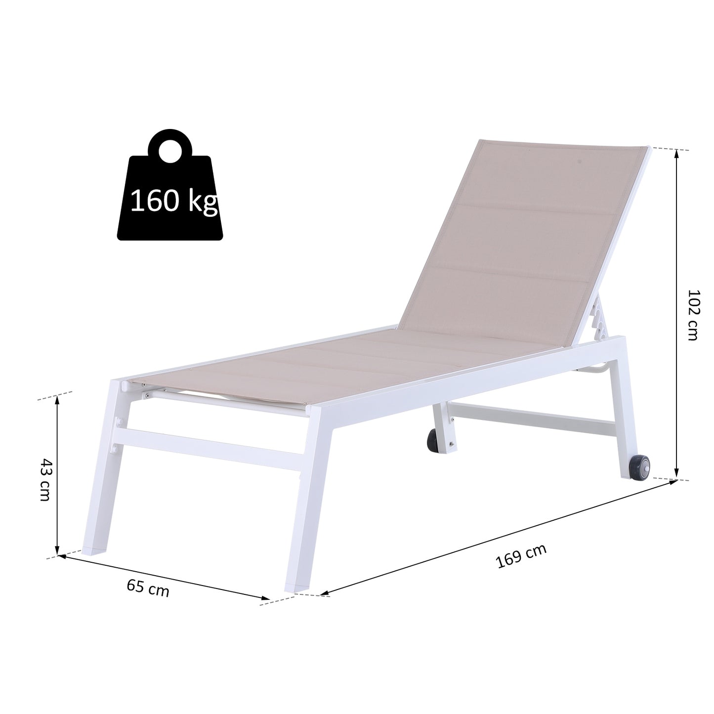 Outsunny Adjustable Aluminium Garden Sun Lounger with Padded Texteline Seat and Wheels - White - ALL4U RETAILER LTD