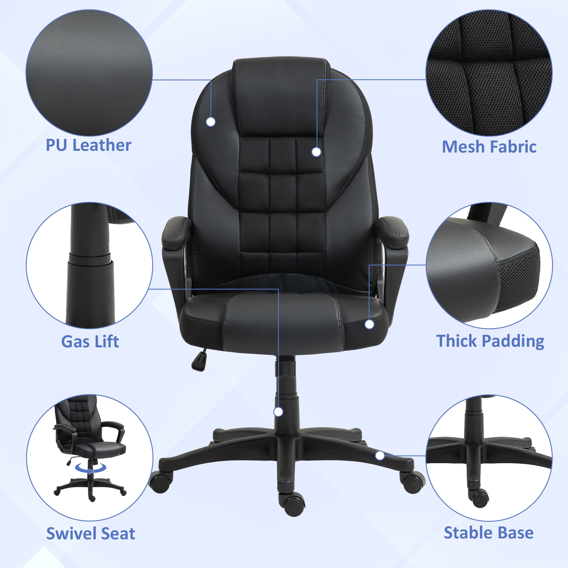 HOMCOM High Back Swivel Office Chair with Adjustable Height and Tilt Function, Black PU Leather Desk Chair - ALL4U RETAILER LTD