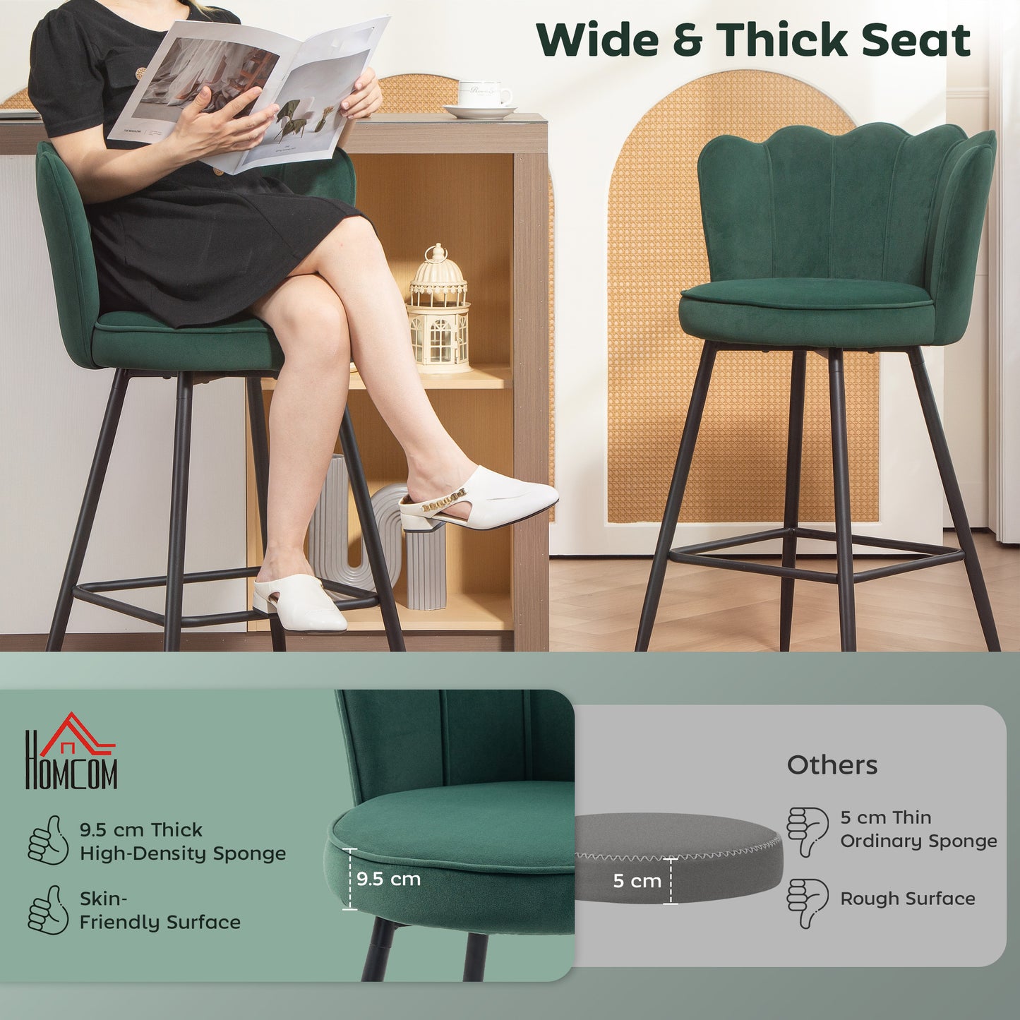 HOMCOM Set Of Two Velvet Feel Lotus Bar Stools Dark Green With High Back And Dense Foam