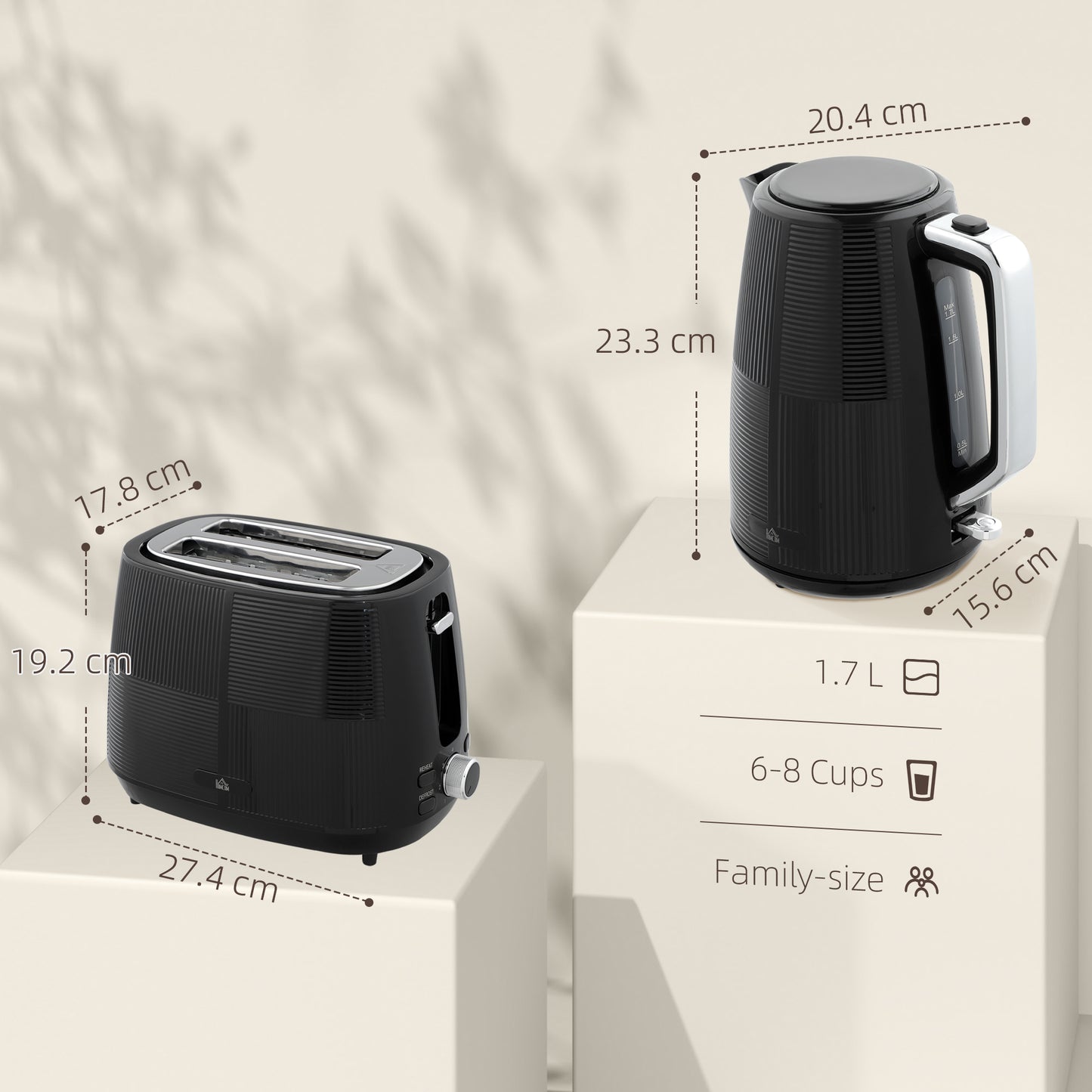 HOMCOM Kettle and Toaster 1.7L 3000W Fast Boil 2 Slice Toaster with 7 Browning Defrost Reheat Boil Dry Protection Black