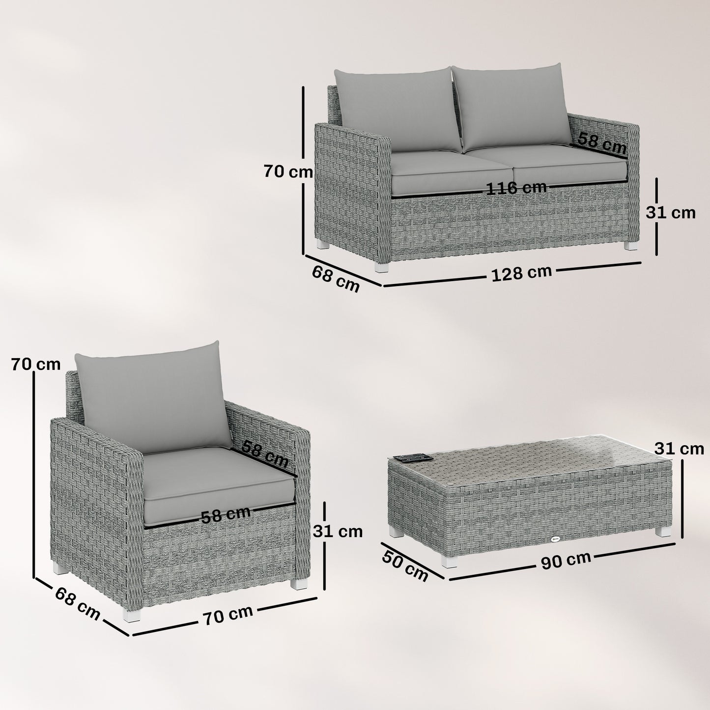 Outsunny 4 Piece Rattan Garden Furniture Set With Loveseat And 2 Armchairs Glass Top Table Wicker Set Grey