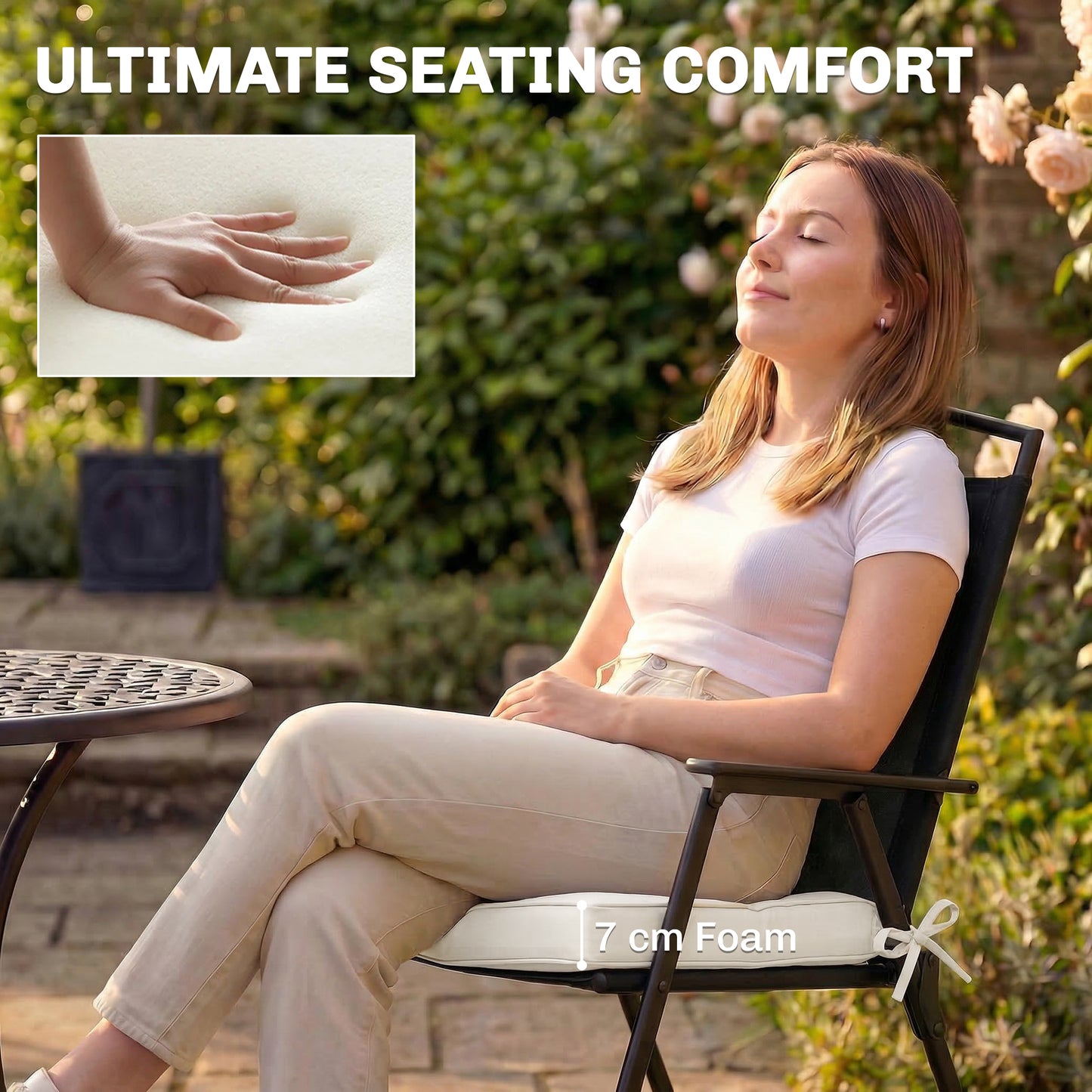 Outsunny Outdoor Chair Cushions Set of 2 7cm Thick Foam with Ties Cream White Water Repellent Flame Retardant