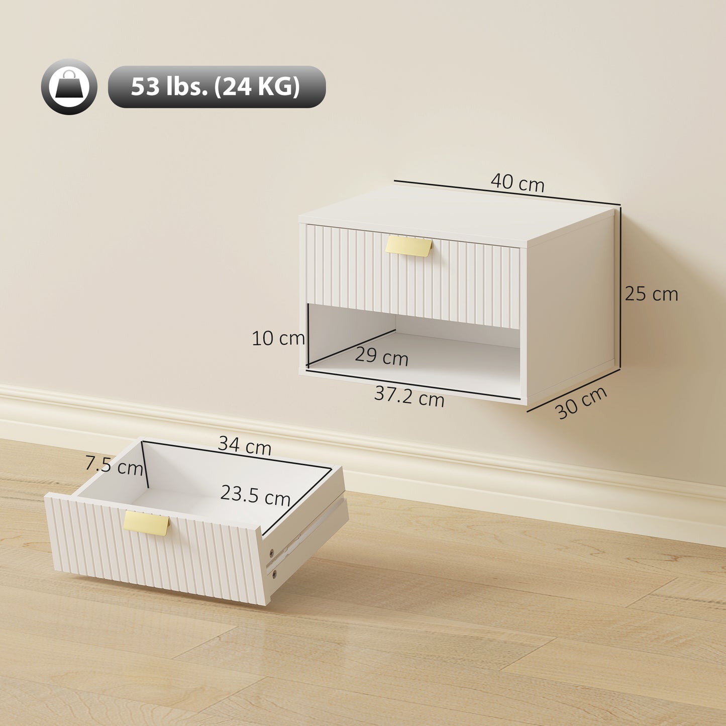 HOMCOM Set Of 2 Wall Mounted Nightstands Floating Bedside Tables With Fluted Drawer Open Shelf White