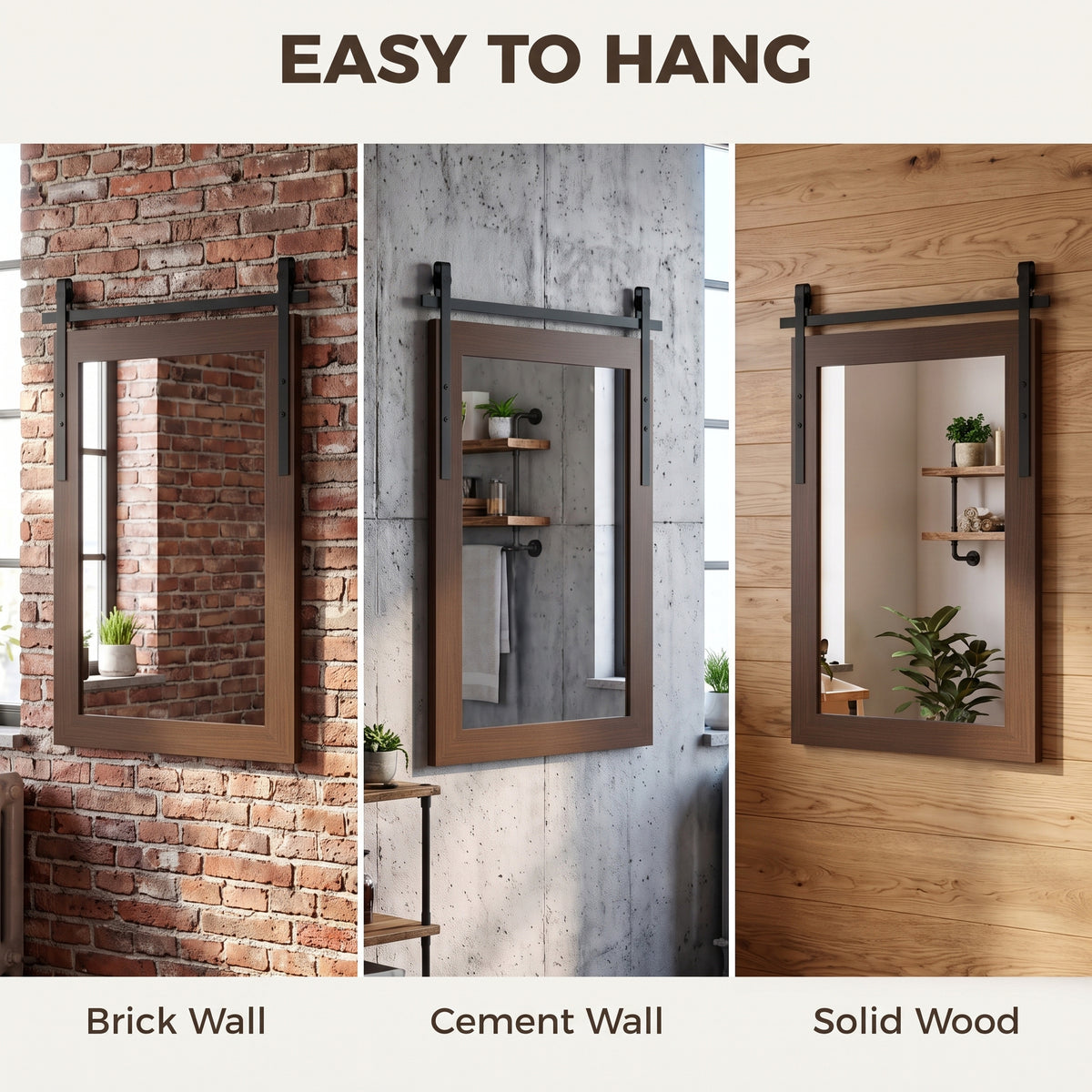 Wall-mounted farmhouse mirror with dark brown frame and black mounting brackets