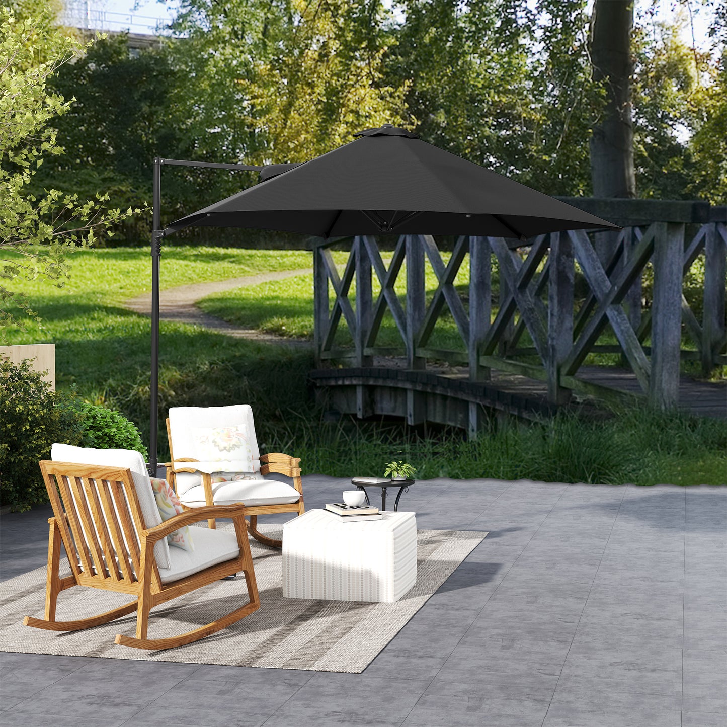 Outsunny 2.5m Rotating Cantilever Parasol With Base Black 256cm Canopy For Patio