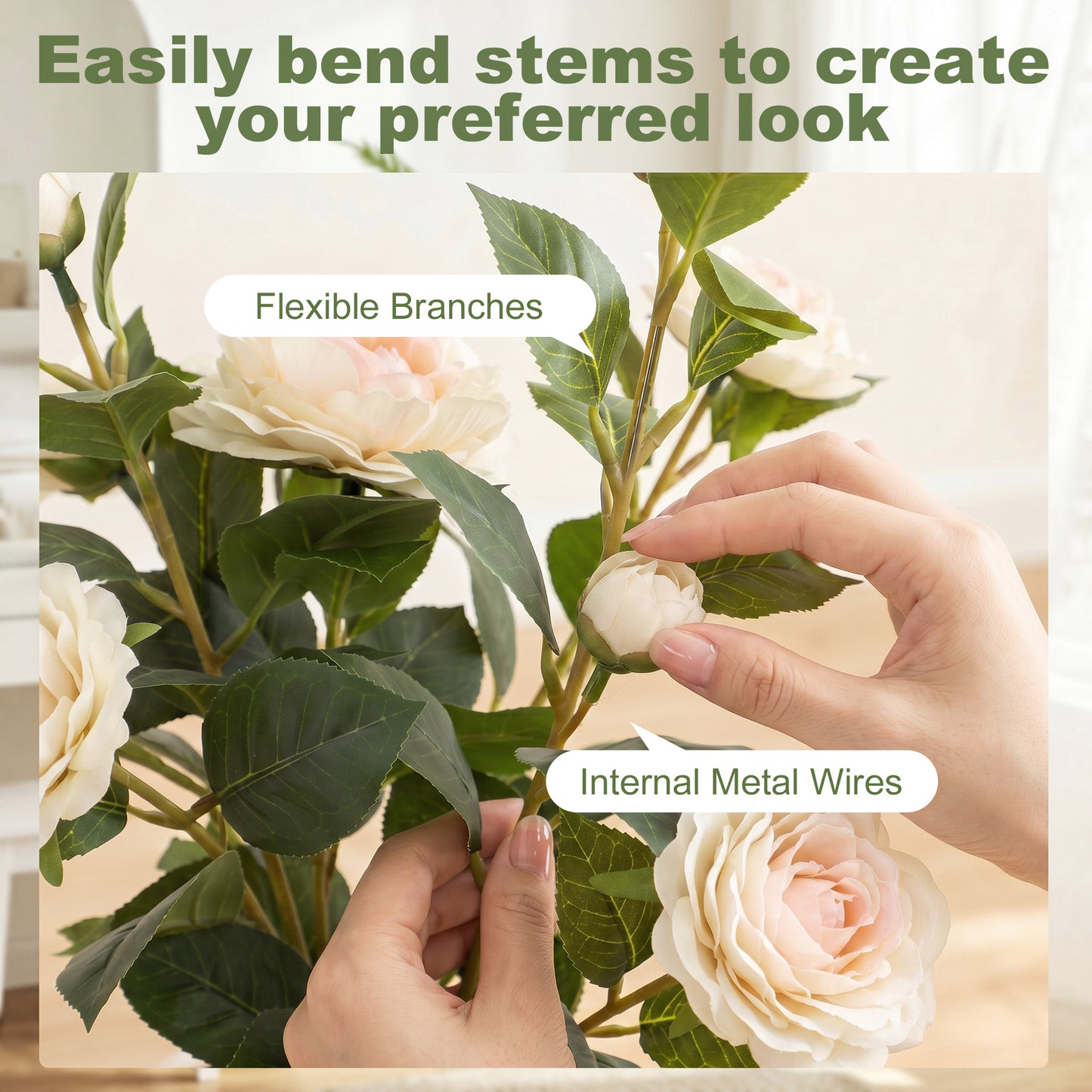 HOMCOM 65cm Artificial Camellia Plant In Pot With 116 Lush Leaves Silk Blossoms And Moss Effect Base White