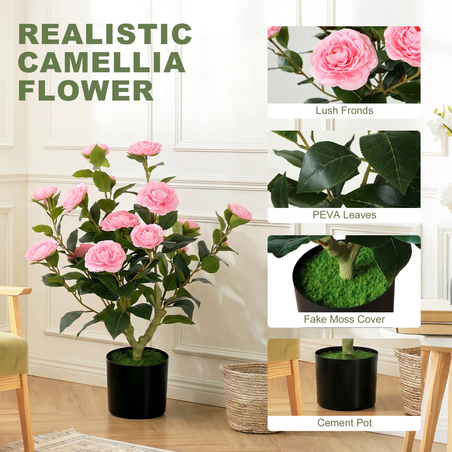 HOMCOM 65cm Artificial Camellia Flower in Pot with 116 Lush Leaves and Moss Effect Weighted Base Pink