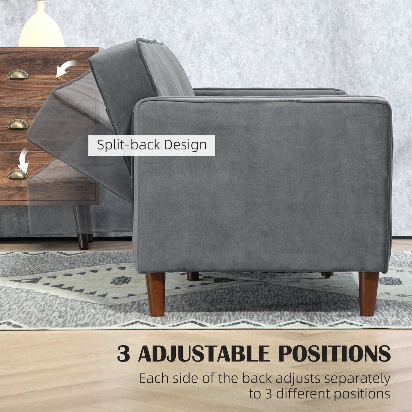 HOMCOM Velvet Feel Three Seater Sofa Bed In Dark Grey With Thick Cushions And Back Support