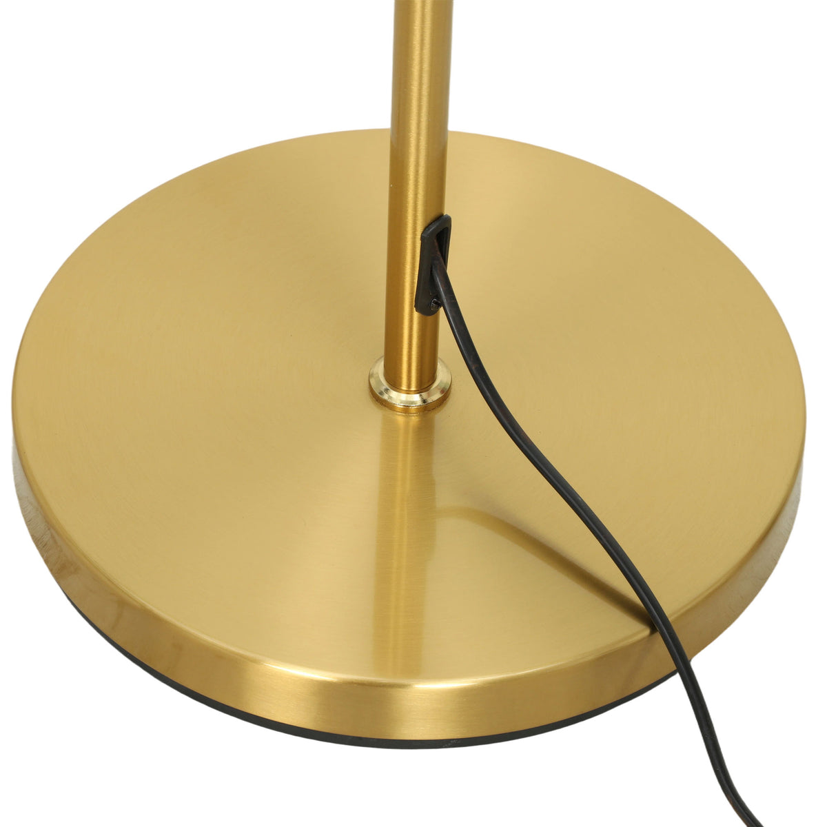 Round gold base with power cord connection for dual head floor lamp