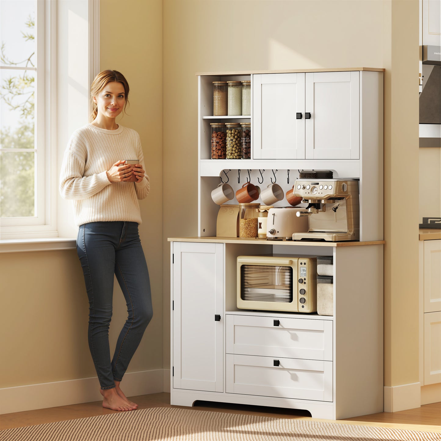 HOMCOM Freestanding Kitchen Cabinet With 2 Cabinets, 2 Drawers, Open And Adjustable Shelves, White