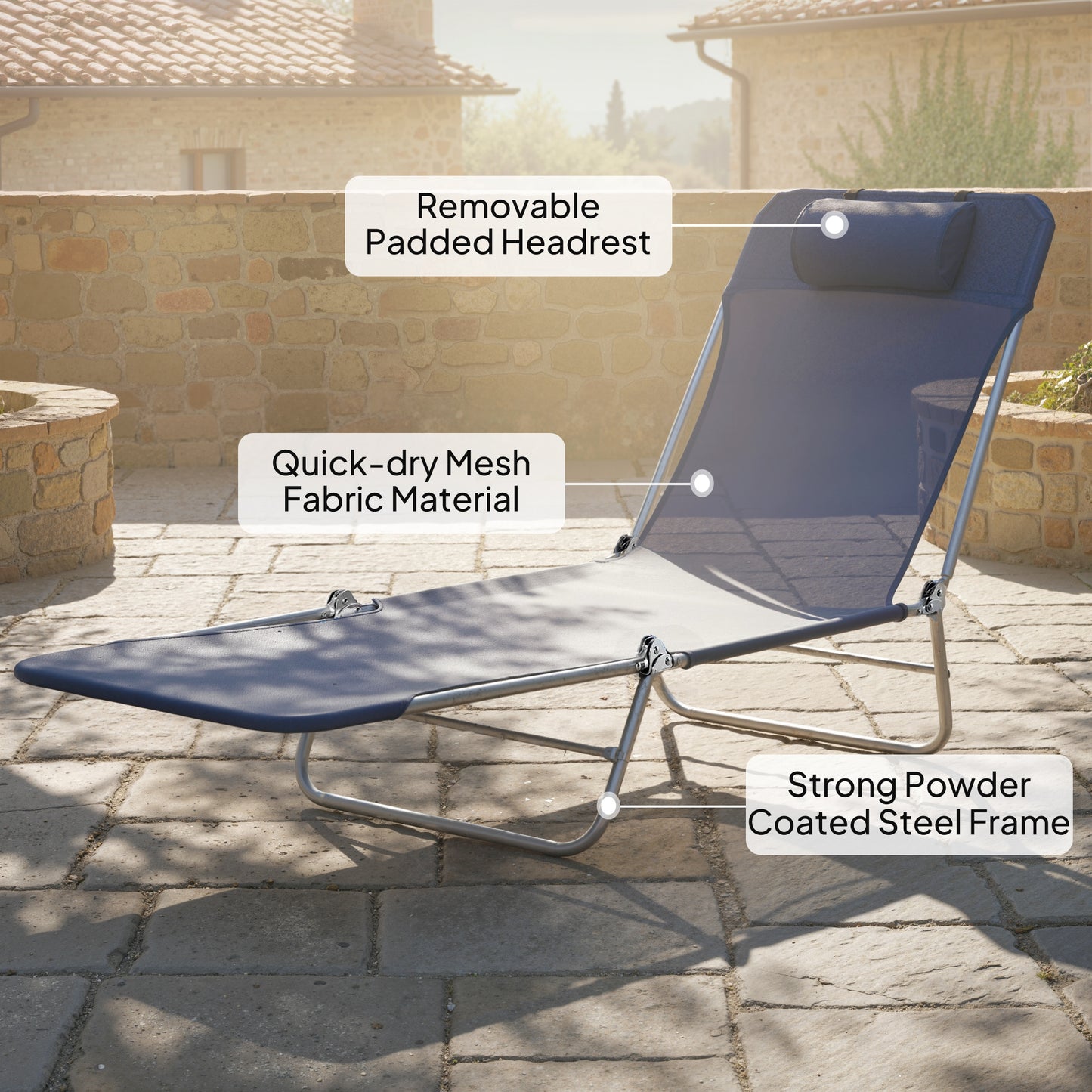 Outsunny Folding Sun Lounger with Head Pillow - Dark Blue