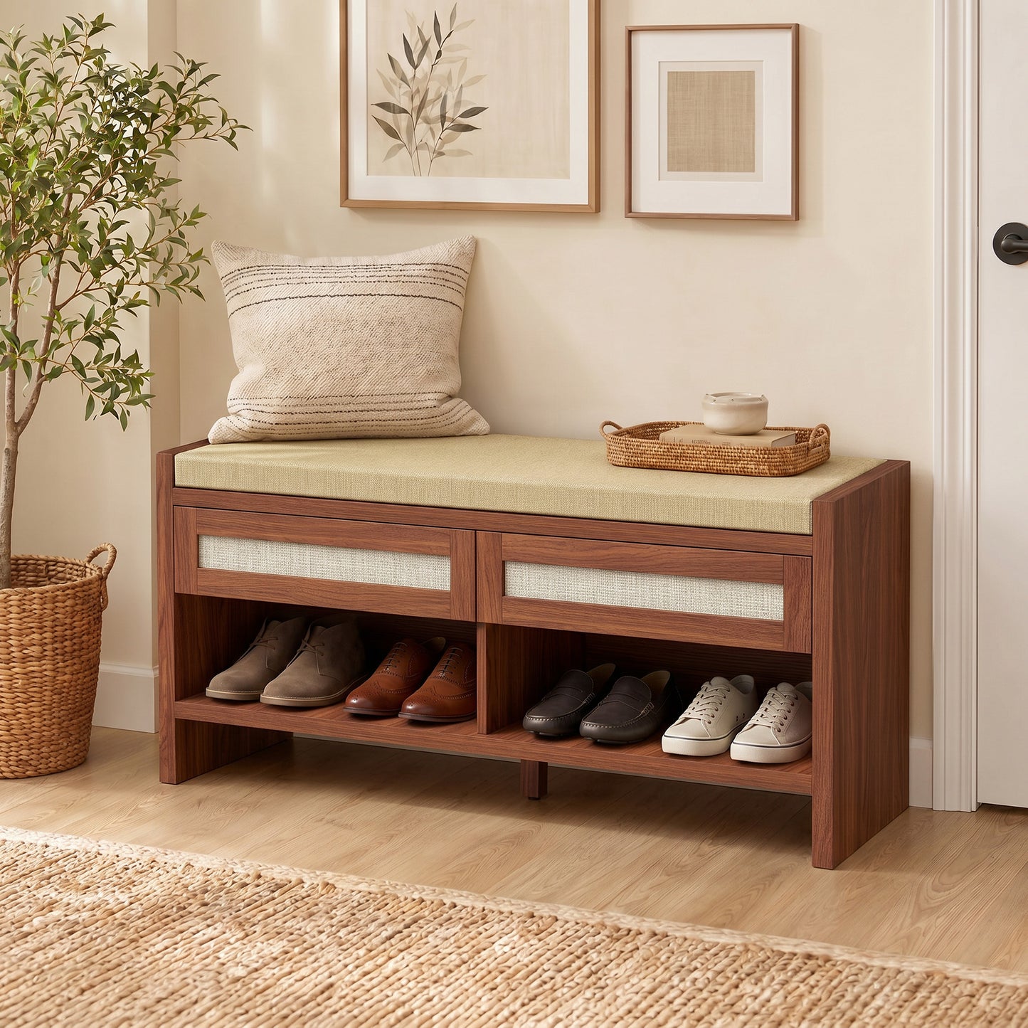 HOMCOM Boho Shoe Storage Bench With Cushioned Seat Open Shelf And Two Rattan Drawers Brown