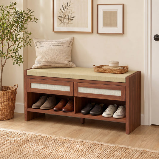 Brown shoe storage bench with cushioned seat, open shelves, and rattan drawer fronts.