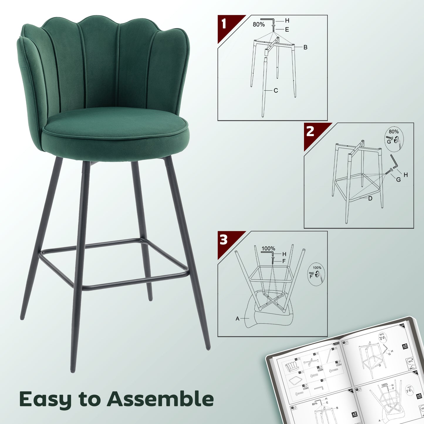 HOMCOM Set Of Two Velvet Feel Lotus Bar Stools Dark Green With High Back And Dense Foam