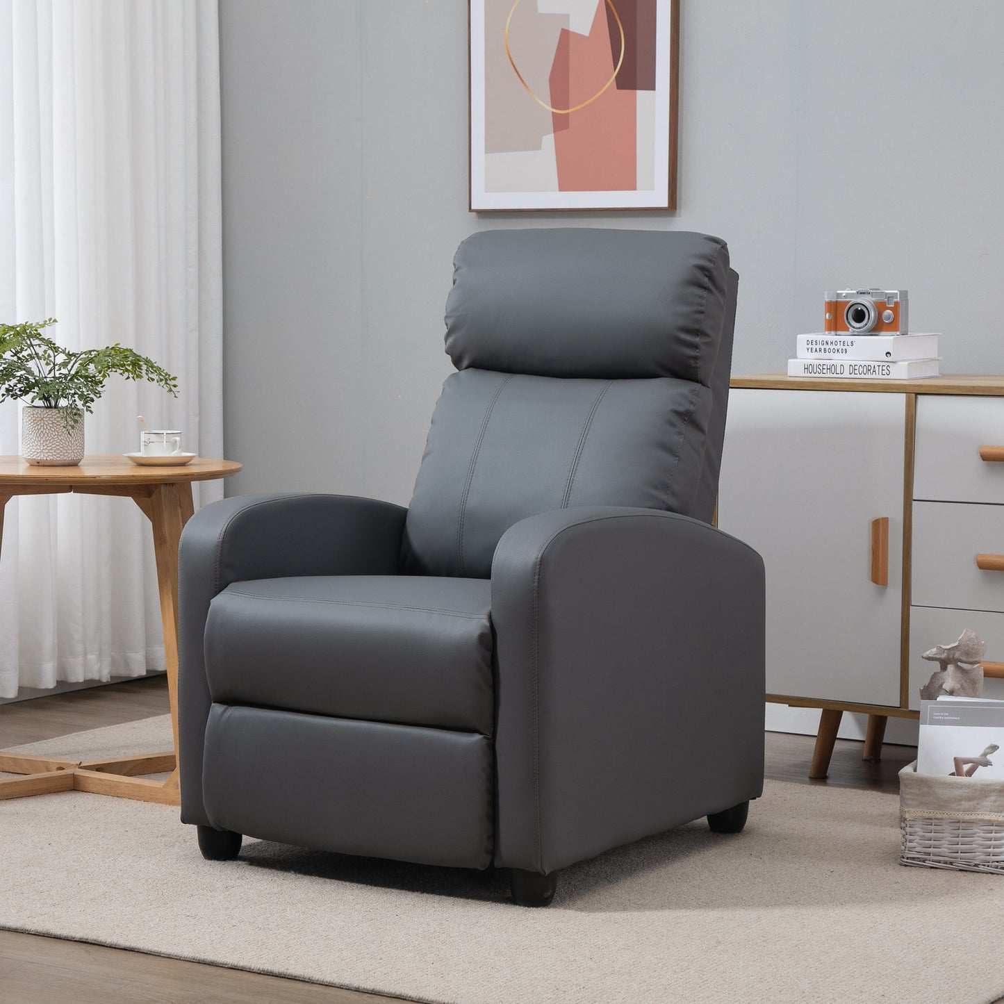 HOMCOM Recliner Armchair Massage Faux Leather Push Back Reclining Chair with Adjustable Leg Rest and Side Pocket Grey