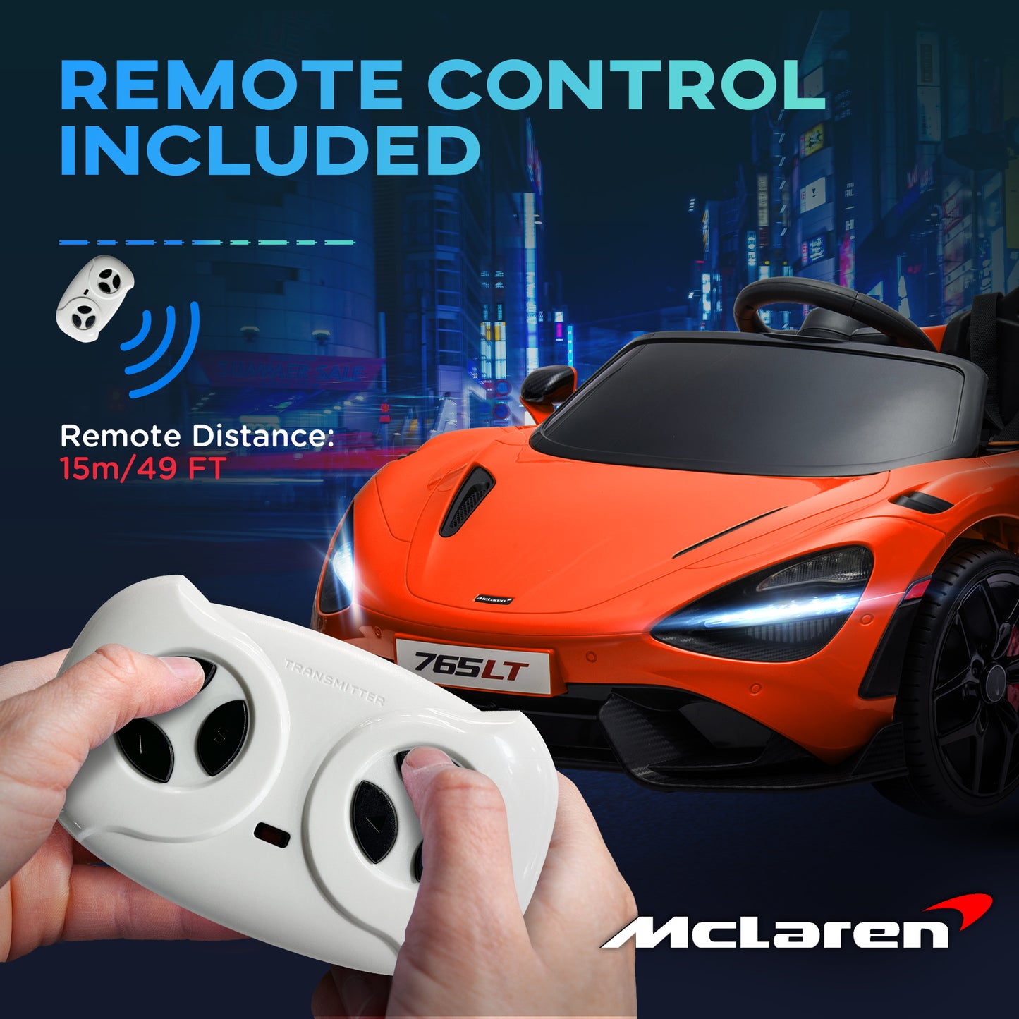 AIYAPLAY Licensed McLaren 765LT 12V Kids Electric Ride-On Car with Butterfly Doors and Remote Control - Orange