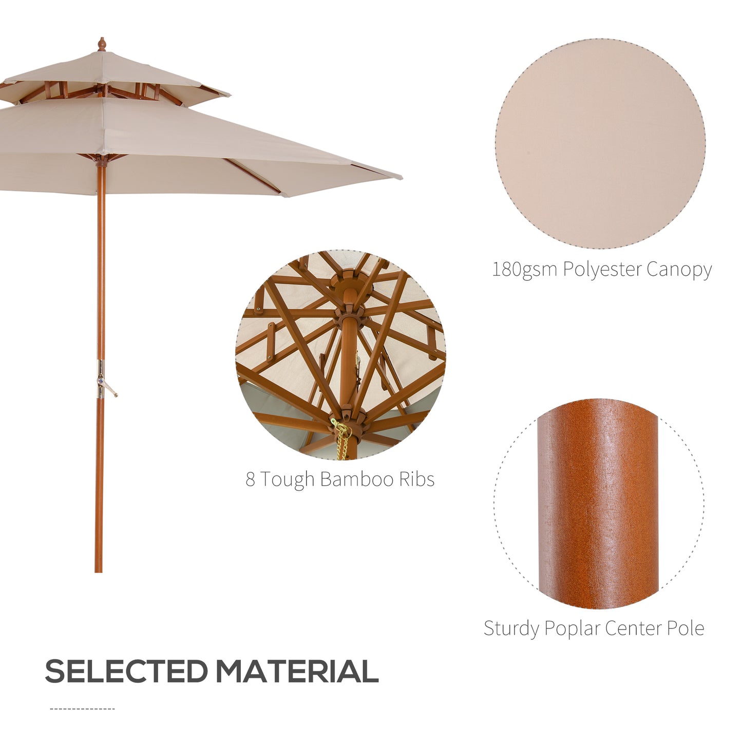 Outsunny 2.7m Wooden Parasol With Two Tier Canopy For Garden Outdoor Shade Beige
