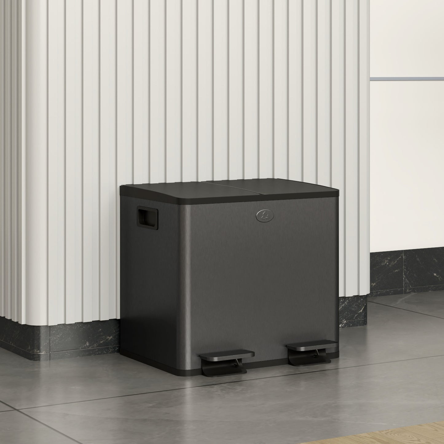 HOMCOM 30L Dual Compartment Stainless Steel Bin With Deodoriser Holders Black For Home And Kitchen