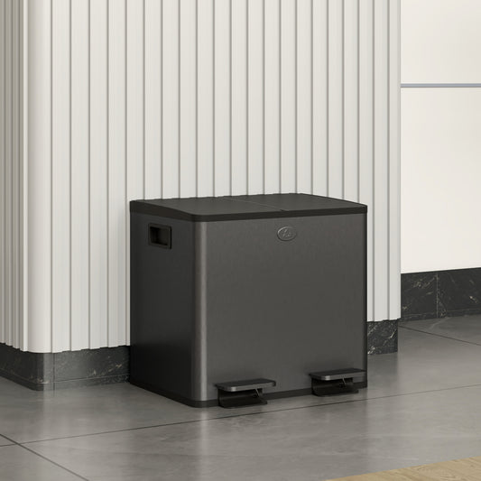 HOMCOM 30L Dual Compartment Stainless Steel Bin With Deodoriser Holders Black For Home And Kitchen