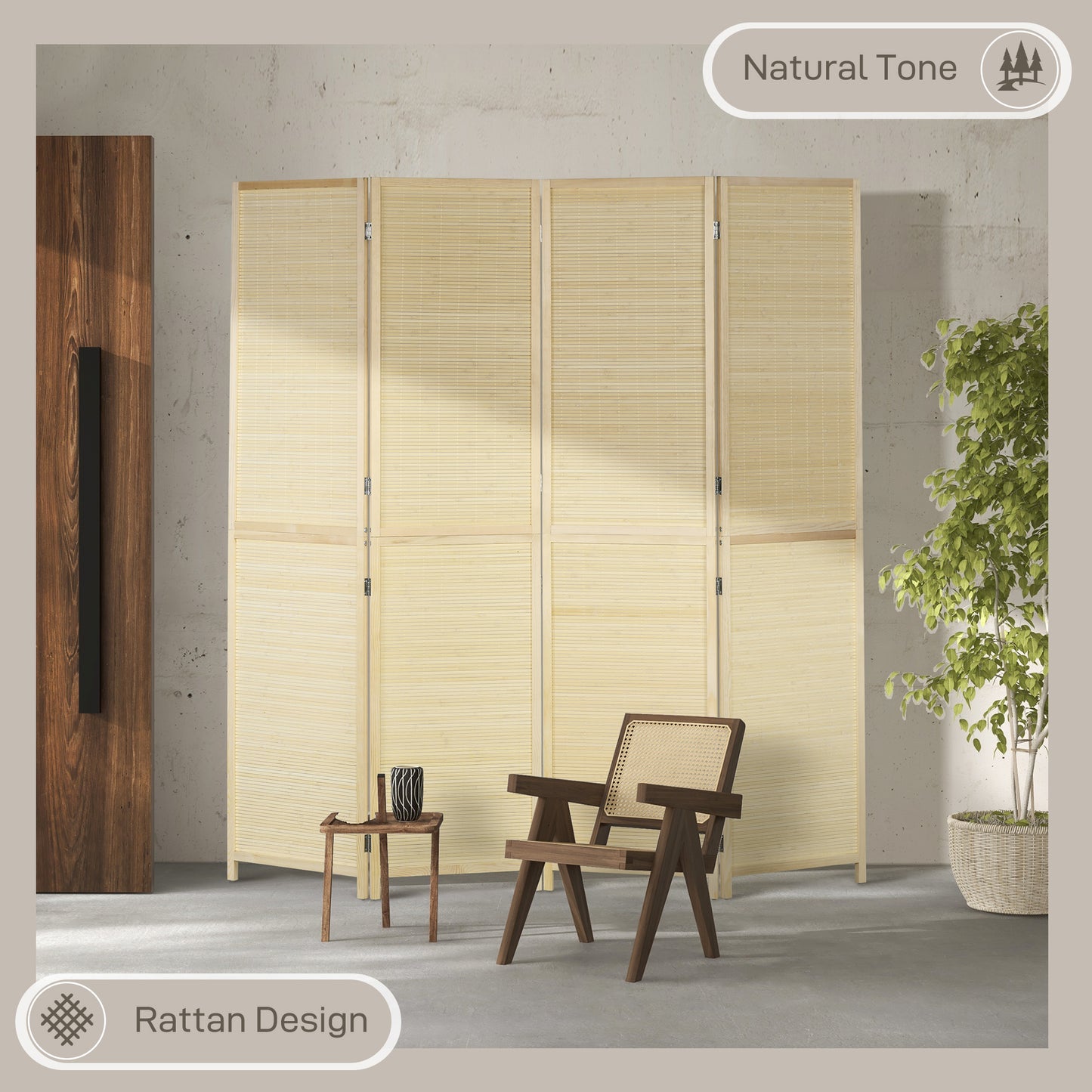 HOMCOM Room Divider Freestanding Privacy Screen 4 Panel Folding 180 x 180cm Natural Bamboo