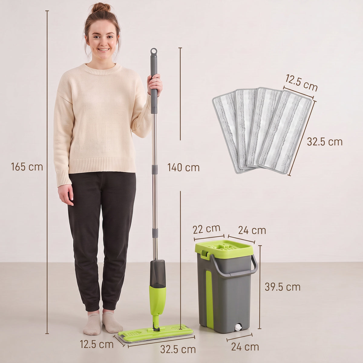 Measuring view of flat mop handle, mop pad, and two-chamber wringing bucket