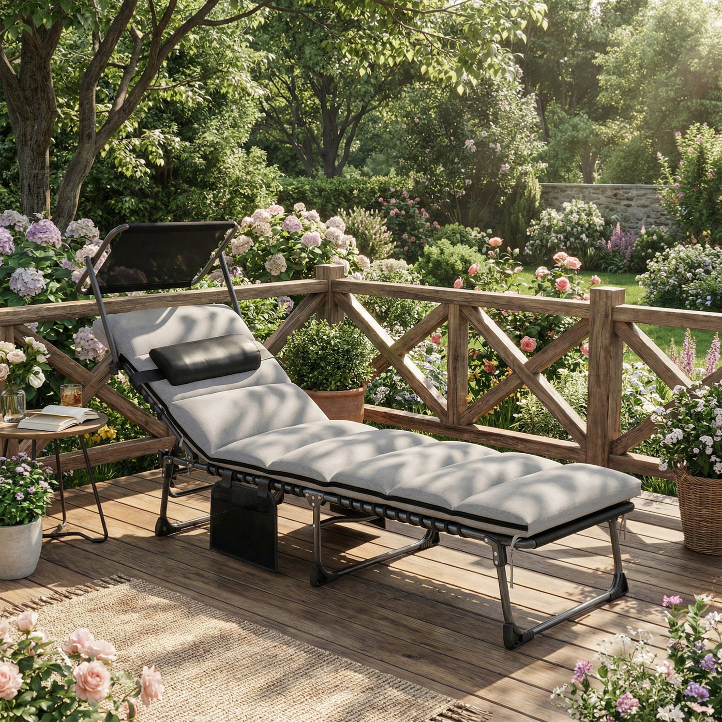 Outsunny Folding Sun Lounger With Canopy, Reclining Sunbed With Cushion And Side Pocket, Carrying Handle, Light Grey