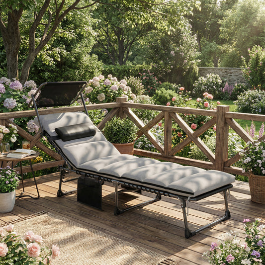 Outsunny Folding Sun Lounger With Canopy, Reclining Sunbed With Cushion And Side Pocket, Carrying Handle, Light Grey