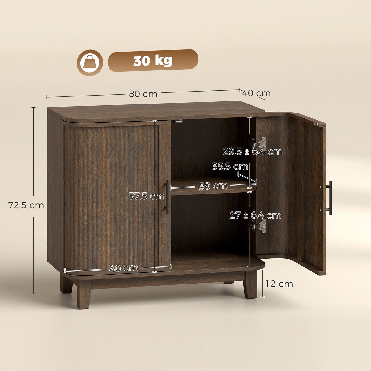 HOMCOM Sideboard Buffet Cabinet, Storage Cabinet with 2 Curved Doors, Adjustable Shelf and Legs for Dining Room, Dark Walnut